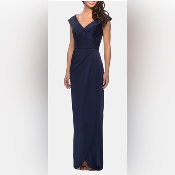 LA FEMME Mother of the Bride Surplice Off the Shoulder Gown- Navy - Picture 1 of 4